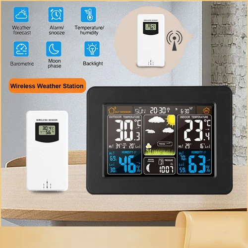 LCD Wireless Weather Station - Indoor/Outdoor Thermometer Hygrometer Alarm Clock - Picture 28 of 36
