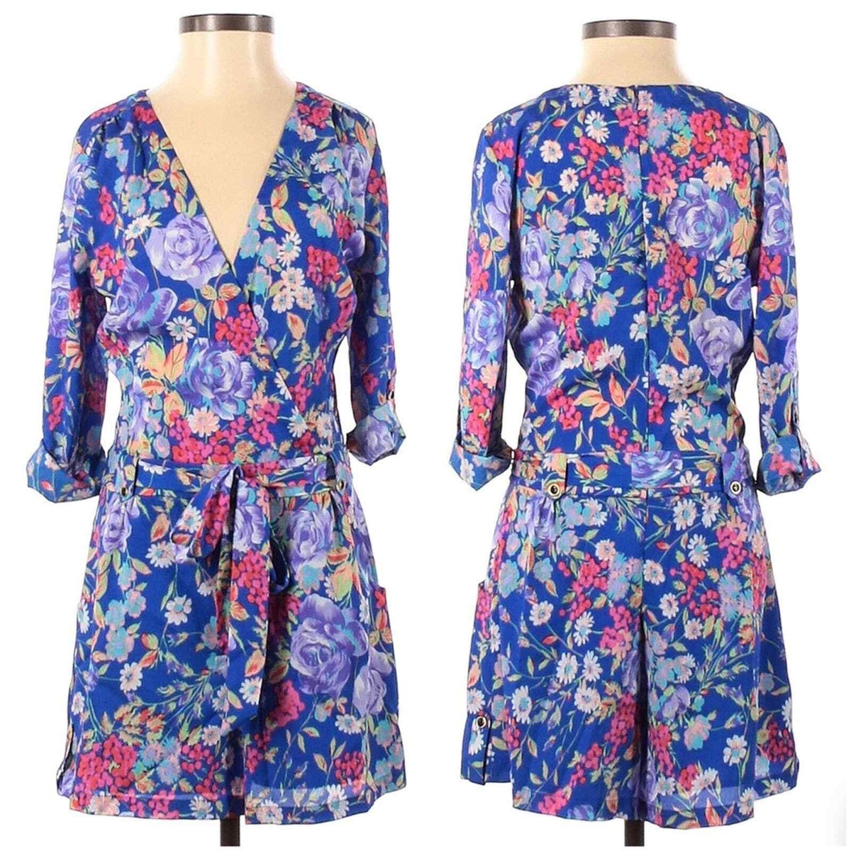 Yumi Kim Womens Blue Floral V Neck Romper XS Spring Short Pockets