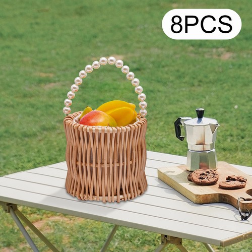 8* Wicker Wedding Flower Baskets Girl Rattan Flower Barrel Basket w/Pearl Handle