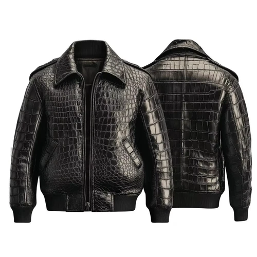 Men's Black Real Leather Crocodile Embossed Jacket Biker Alligator Print Jacket - product listing photo