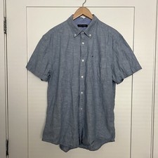 Tommy Hilfiger Shirt Mens Sz XL Blue Button Down Short Sleeve Linen Blend Preppy