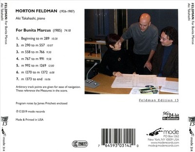 AKI TAKAHASHI MORTON FELDMAN: FOR BUNITA MARCUS NEW CD