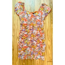 Forever 21 Women Ruched Mini Dress Tropical Floral Print L garden party feminine
