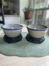 Jugtown Pottery Bowls 1995 Set of 2 Gray With Blue Trim 5.75” Wide x 3” Tall