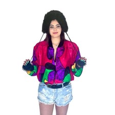 VTG 80s Picasso-Style Bomber Jacket Colorblock Faces OS