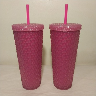=NEW= 2 Mainstays 26oz Matte/Magenta Gem Textured Acrylic Tumbler w/ Lid & Straw
