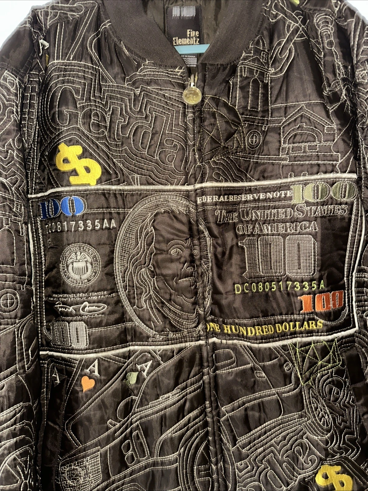 VTG Five Elementz Bomber Jacket Money Escalade Embroidered Logo Rap Hip Hop 2XL - product detail image 3