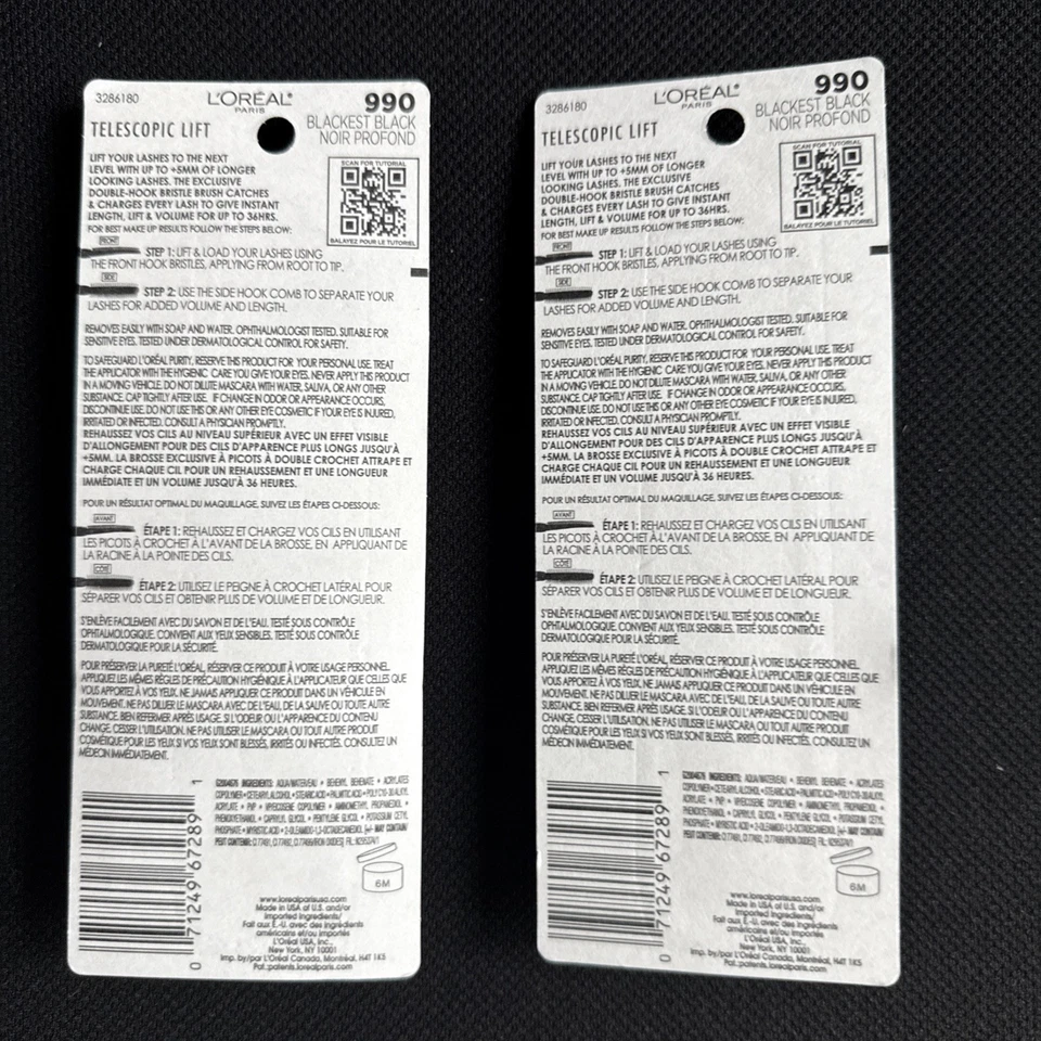 L'Oreal~ Lot Of 2~Telescopic Lift Length, Lift & Volume~#990 Blackest Black~0.33 - Image 3 of 3