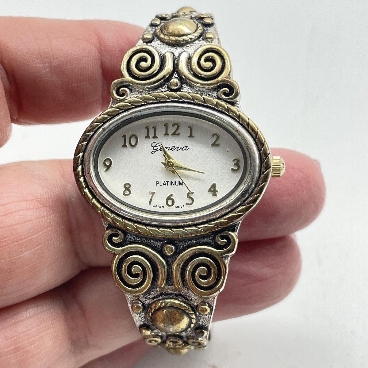 GENEVA Platinum Watch Womens Cuff Bracelet Two Tone Oval Japan
