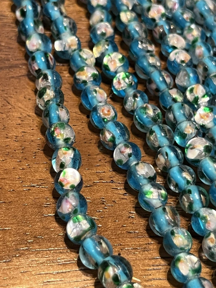 Vintage Lampwork Beads 6in  Strand Turquoise Foil 1940s  Flower Beads 6mm - Image 2 of 4