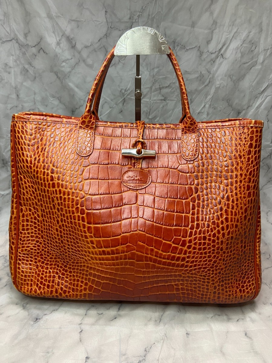 Beauty LONGCHAMP Croc Embossed Leather Tote Bag orange brown