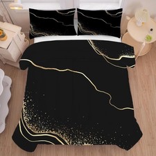 Marble Comforter Set Twin Size Black and Gold Bedding for Kids Girls Teen Wom...