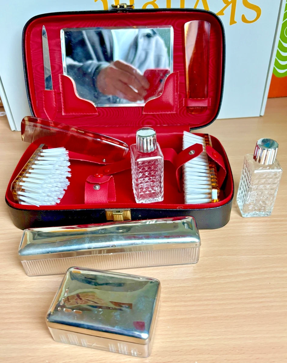 Trousse De Toilette De Voyage Vintage - Cuir Synthétique Marron, Miroir, Fermeture éclair, Occasion 'dans Son Jus'