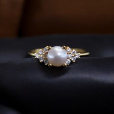 925 Sterling Silver 5mm Round Shape Freshwater Pearl Ring Cluster CubicZirconia