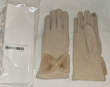 Womens Formal Dress Gloves Tan Beige New Faux Fur Bows Touch Screen