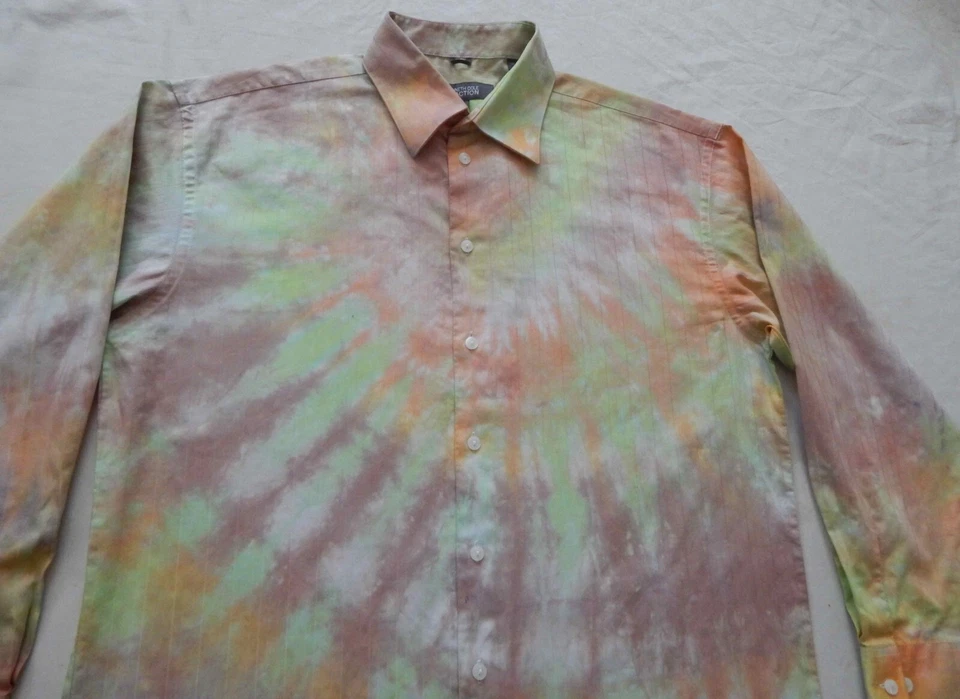 Camisa Tie Dye Verde Naranja Manga Larga Abotonada - Grande Para Hombre Hecha a Mano 16 Foto 4 de 4