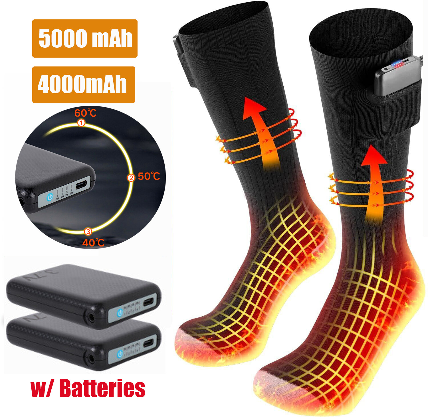Electric Heated Socks Winter Thermal Warm Rechargeable Battery Skiing