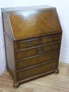 1940 S Utility Furniture Oak Fall Front Writing Bureau Red Leather