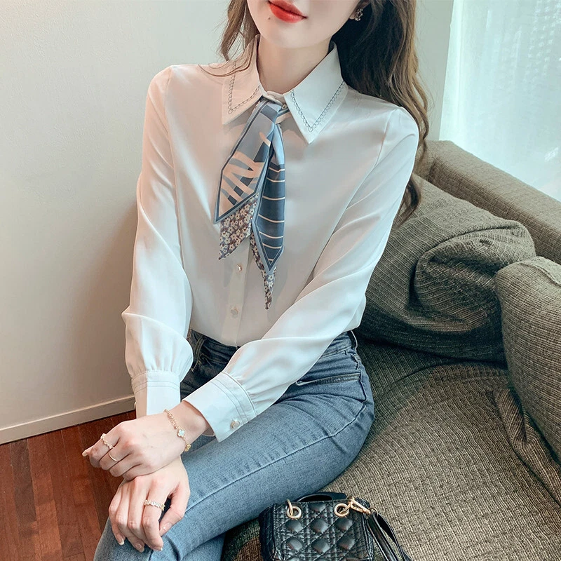 Spring Women Tie Fashion Design Business Work Office Button Up Shirt Blouse Tops