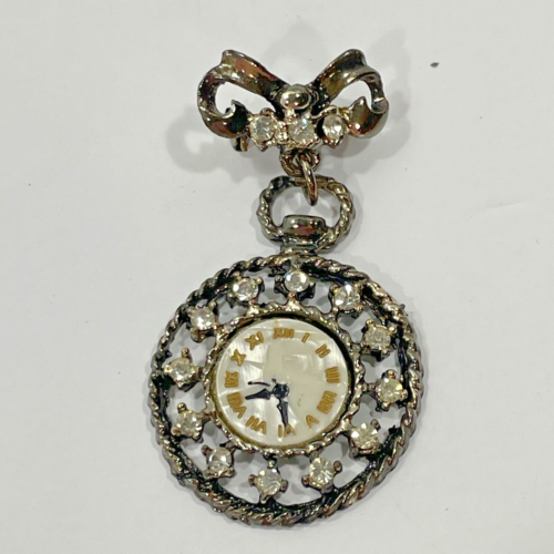 Faux Pocket Watch Brooch Dark Gold Tone Pin with Gemstones and Bow Vintage - 第 1/8 張圖片