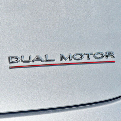 Tesla Model S, 3, X, Y, Chrome ABS Dual Motor Emblem, Chrome Red/Chrome Underlin