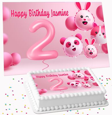 PINK BALLOON BIRTHDAY PERSONALISED ICING EDIBLE COSTCO CAKE TOPPER R1-7727  UK