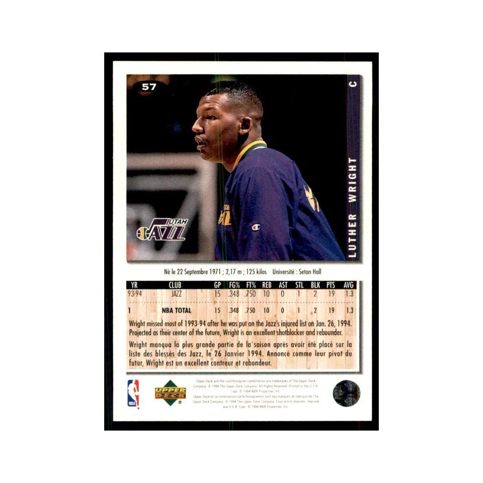 1994 Upper Deck Collector's Choice Luther Wright Jazz #57 - Image 2 of 3