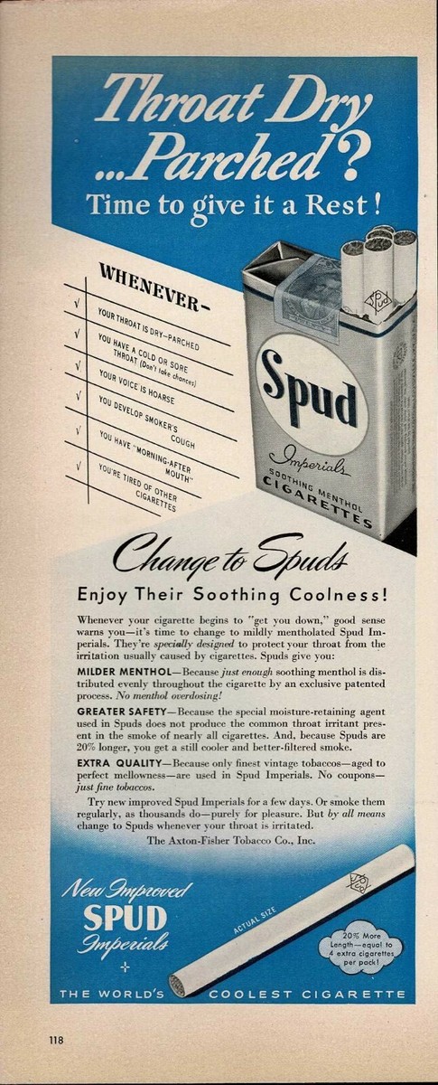 1942 SPUD Cigarettes Menthol Imperials Vintage Print Ad