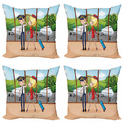 Flughafen 4 Teiliges Kissenbezugs Set Pilot und Hostess Cartoon