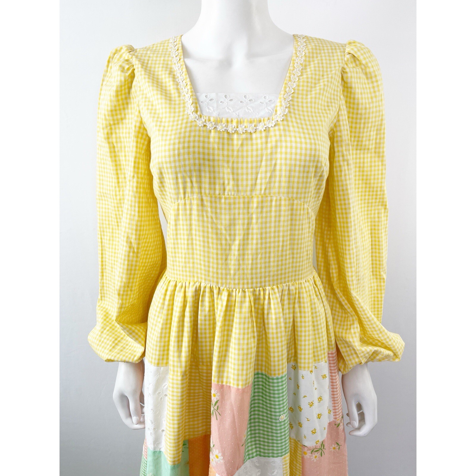 Handmade Yellow Gingham Patchwork Peasant Maxi Dr… - image 2