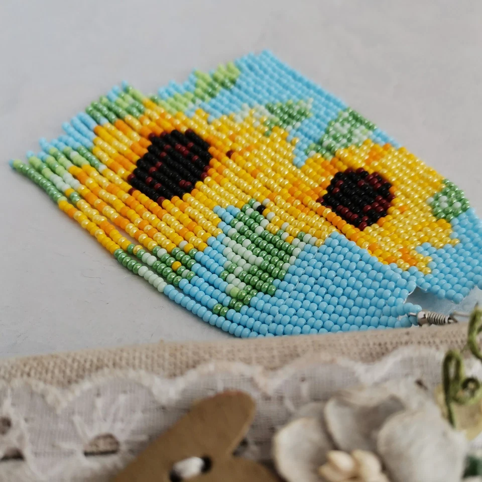 Girasol Pendientes Cuentas Largo Cuelga Semilla Cuentas Flecos Pendientes para Mujer Regalo Foto 4 de 4