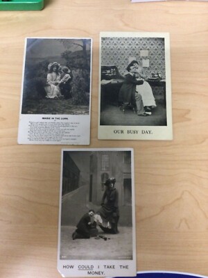 3 Antique Postcard Photo Bamforth & Co NY Silly Scene Postmarked 1907 B&W PHOTOS