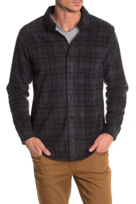 $78 Threads 4 Thought Plaid Print Slim Fit Shirt Jacket Polyester CHARCOAL - L