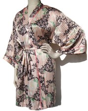 Metro Retro Vintage 80s Satin Robe Pink Rose  Black Lace Print Kimono Medium