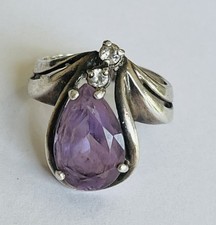 Vintage Marked Sterling Silver Genuine Teardrop Amethyst CZ Ring Size 7