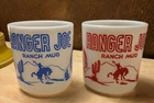 Ranger Joe Ranch Mugs Cowboy Western Milk Glass Vtg 1950s Red & Blue - Lot of 2