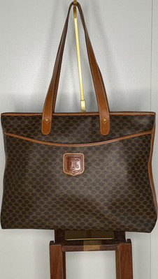 CELINE Macadam Brown Logo Pattern Tote Bag Leather Trim Shoulder Strap