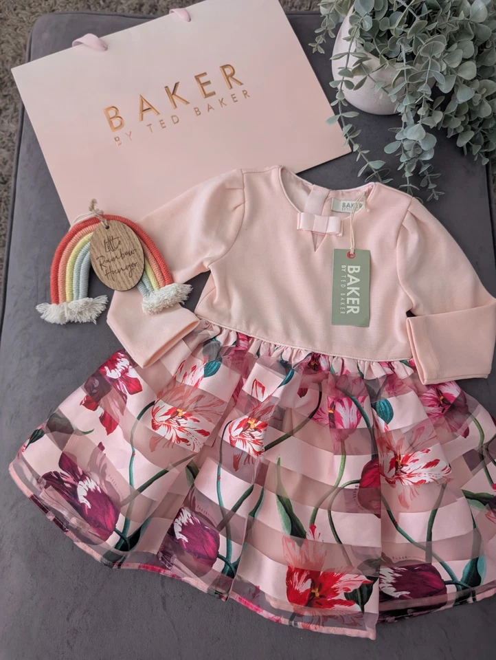 New Ted Baker Baby Girls Pleated Roses Pink Occasion Dress Floaty 18-24m Gift - Image 3 of 4