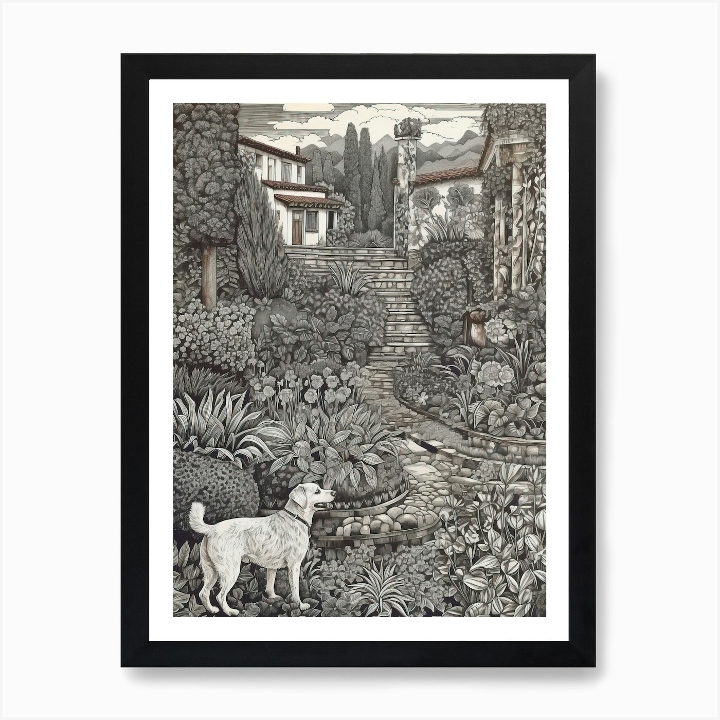 Alhambra Garden Dog Art Framed Canvas Print Wall Decor
