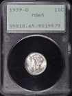 1939-D Mercury Dime PCGS MS-65 Old Green Rattler Holder