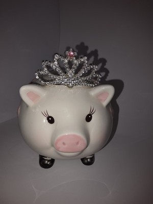 Mud Pie White Ceramic ''Little Princess'' Piggy Bank with Rhinestone Tiara Tiara