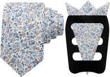 Floral Tie Sets for Men Skinny Cotton Flower Neckties with Handkerchief and Pock