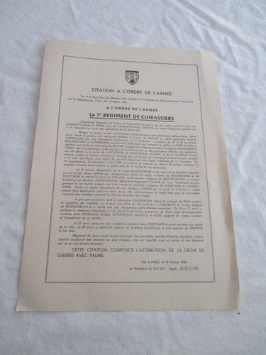 1946 Citation A L Ordre De L Armee Le 1er Regiment De Cuirassiers 30 X 21 Cm Ebay