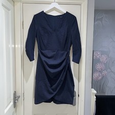 Zara Navy Blue 3/4 Sleeve V Neck Ruched Faux Wrap Mini Dress Size Large VGC Zip