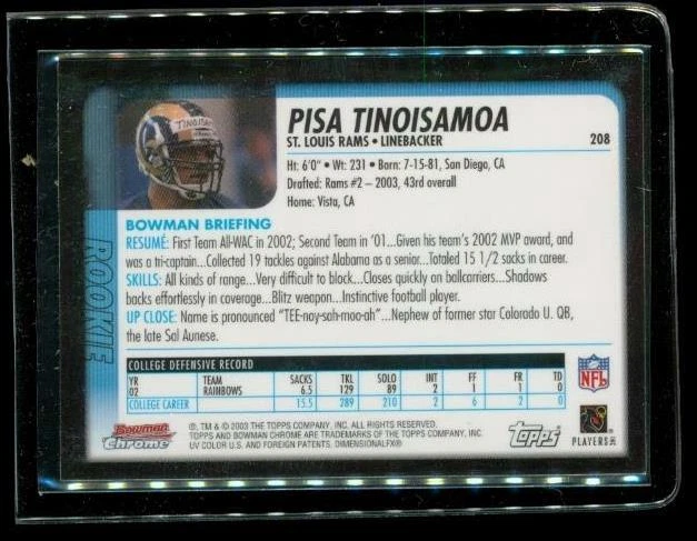 2003 TOPPS BOWMAN CHROME ROOKIE Football Card #208 PISA TINOISAMOA Rams - Image 2 of 2