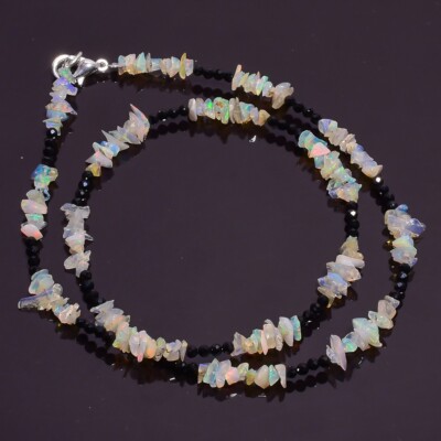 28.85 Ct. Natural Ethiopian Opal Black Spinel Smooth Beads Necklace 16'' A-2113