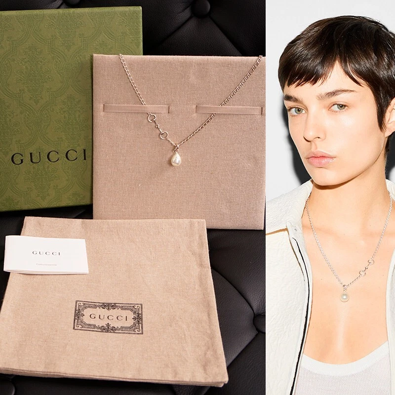 COLLANA NUOVA $690 GUCCI argento sterling LOGO HORSEBIT vetro perle pendente nuova con etichette