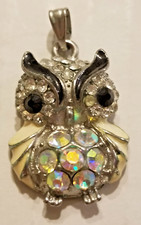 Owl Pendent Silver Toned Metal with Rhinestone Eyes and Enamel Wings 1"
