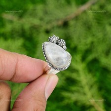 Natural Rainbow Moonstone 925 Silver Promise Flower Adjustable Ring For Girls