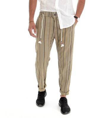 Pantalone Uomo Lungo Cotone Lino Righe Rigato Beige Casual GIOSAL | eBay